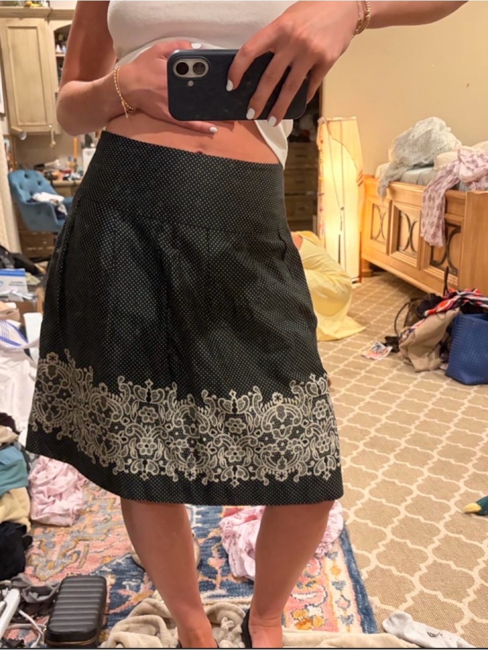 LOFT Black Midi Skirt with Cream Embroidered Border